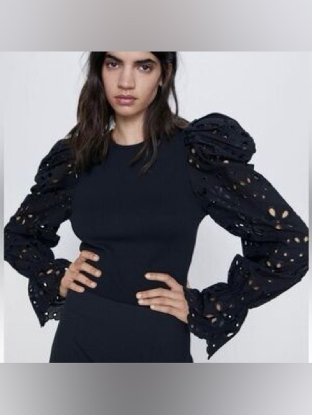 Zara Black Eyelet Puff Sleeve Top Size S Romantic Cottagecore Blouse
